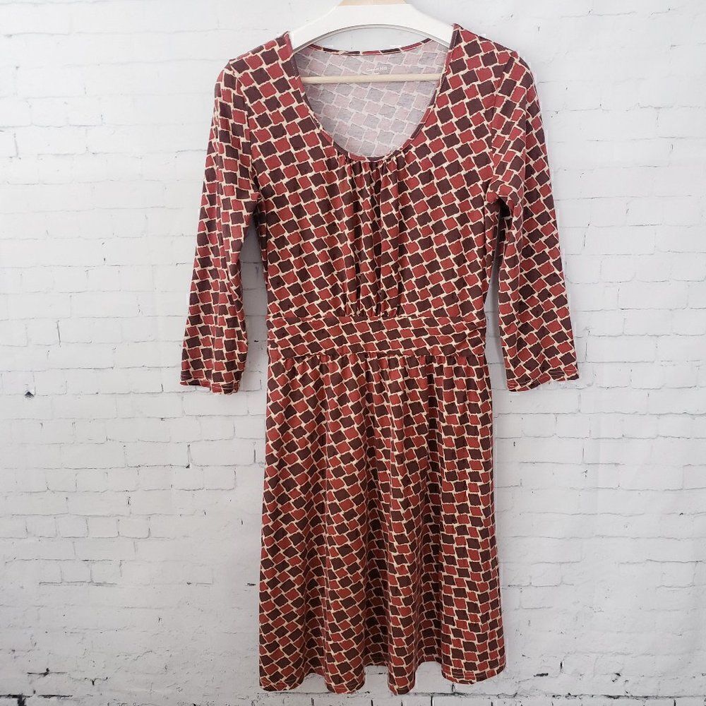 Garnet Hill Cotton Rust Brown Geometric Scoop Neck Dress 3/4 Sleeve Small Fall